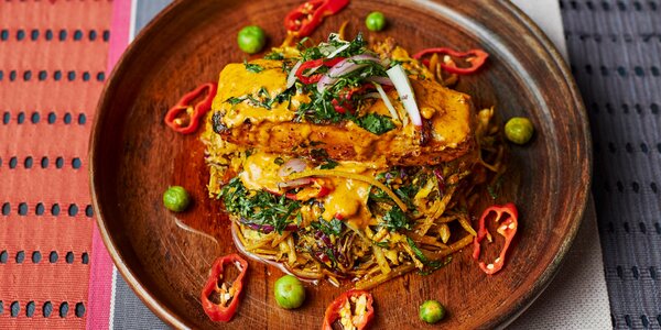 Ehuru-Braised Salmon with Cassava Fettuccine