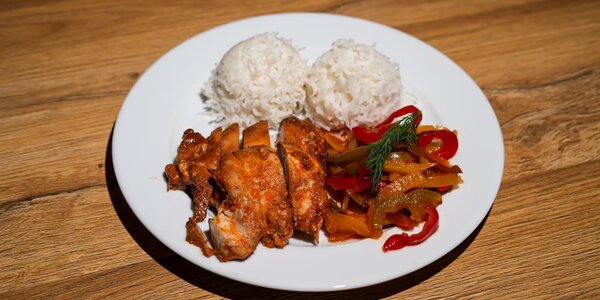 Oven baked chicken with a side dish and salad of choice