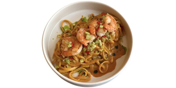 linguine with grilled prawns,