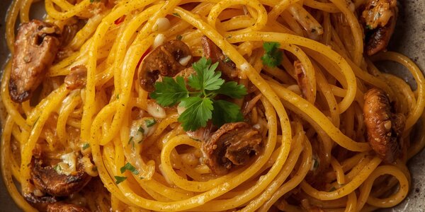 Tagliolini fatti in casa con funghi porcini di Aleccio e zafferano dei Cantoni