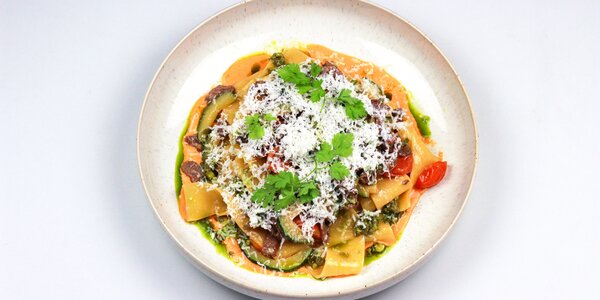 pappardelle with beef and green salsa,