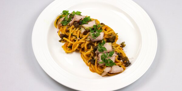 spaghetti with thin slices of veal meat, 