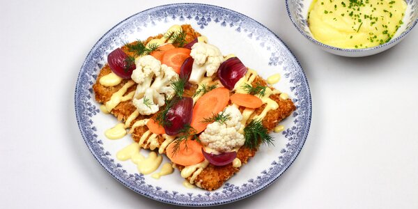 crispy veal schnitzel in panko breadcrumbs, 