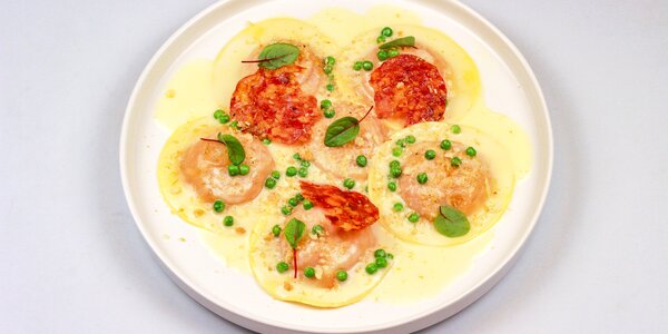 ravioli filled with spicy salami and smoked scamorza, 
