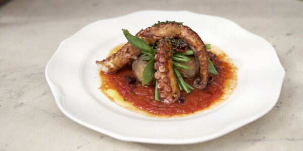 Snacked Octopus and crunchy vegetables, Tomato sauce 