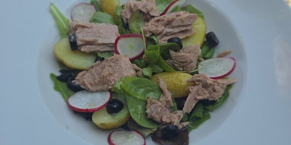 Listový šalát s tuniakom, baby zemiakmi, fazuľkovými luskami a olivami 250g 