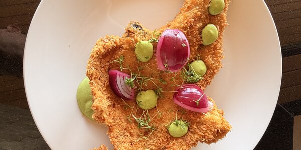 320g Deep fried pork chop in panko with wasabi dip and potatoes salad