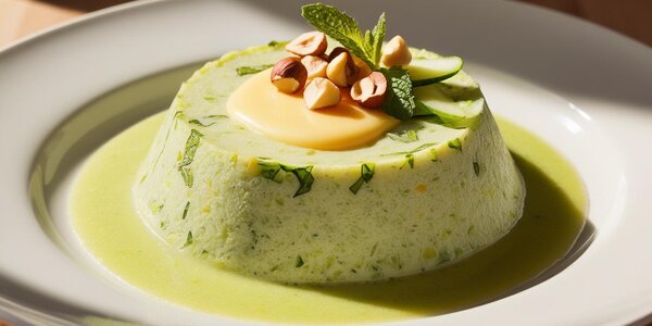 Flan vegetariano zucchine e menta con fonduta al Nostrano e crumble di nocciole Langhe