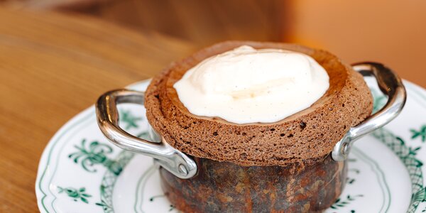 Chocolate soufflé, vanilla ice cream