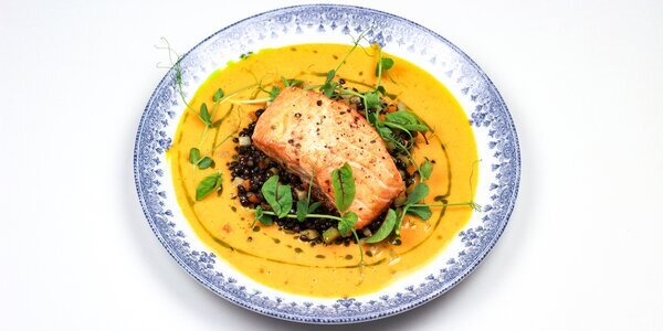 Salmon with beluga lentil ragout and root vegetable,