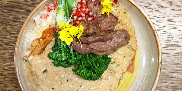 250g cep mushroom risotto with grilled fillet mignon and parmessan cheese