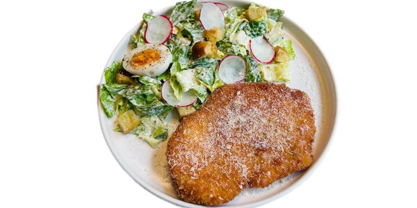 chicken schnitzel with Caesar salad