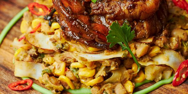 Grilled Uziza-Crusted Prawns with Adalu