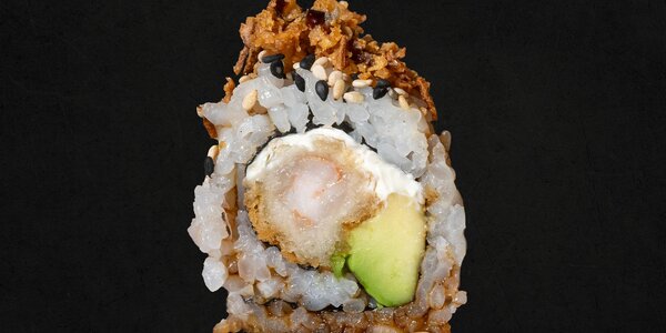 152 - Uramaki tempura di gamberone, philadelphia, cipolla croccante e teriyaki [8 Pezzi]