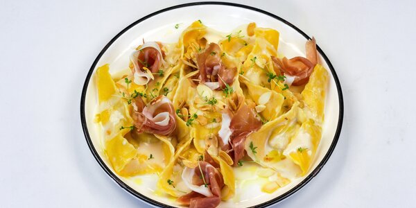 hand folded farfalle stuffed with fig ricotta,  
