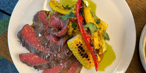 300g Beef flank  steak with parmesan french fries and chipotle sause