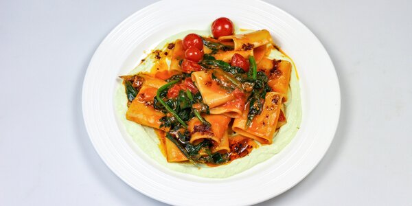 paccheri with pickled cherry tomatoes,