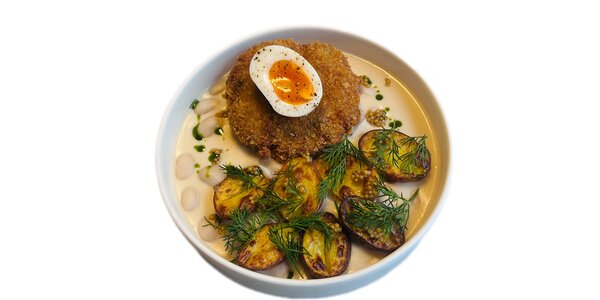 krémový prívarok z bielej fazule s bravčovou fašírkou a čedarom,