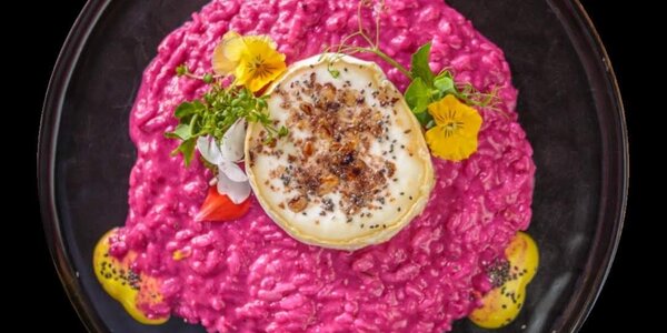 250g beetroot risotto with goat cheese and nuts