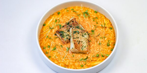 roasted red pepper risotto with n´duja and grilled halibut, 
