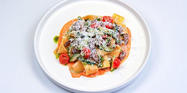 pappardelle with beef and green salsa,