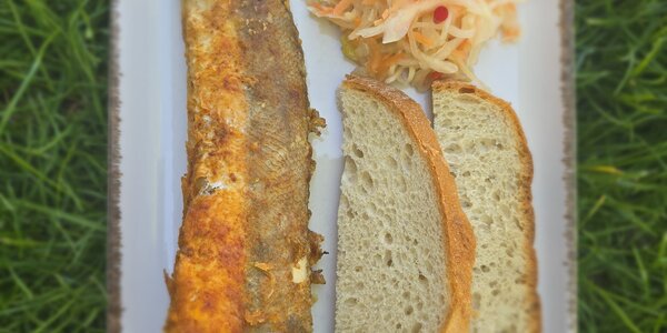 300g Baked Hake with pickled vegetables and bread