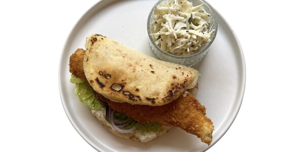 pizza sandwich with fried cod,