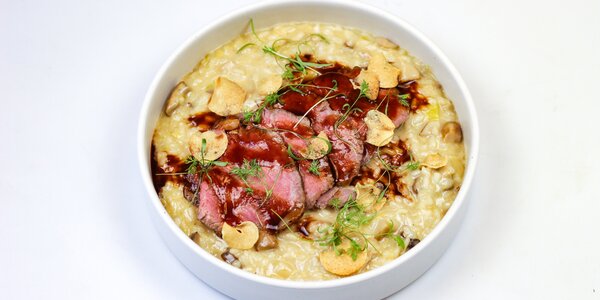 porcini mushroom risotto with aged beef striploin, 