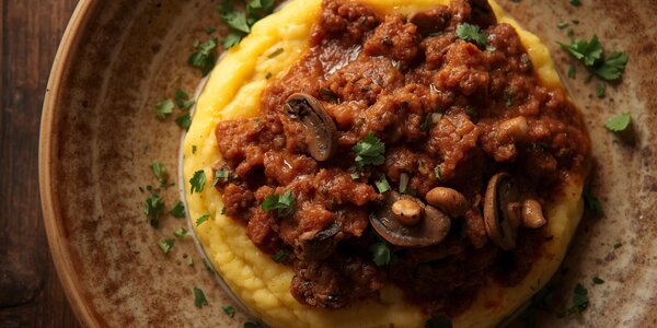 Macinato di manzo in umido con Funghi porcini e polenta taragna