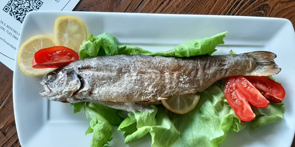 Trota di lago al forno con maionese allo zafferano 