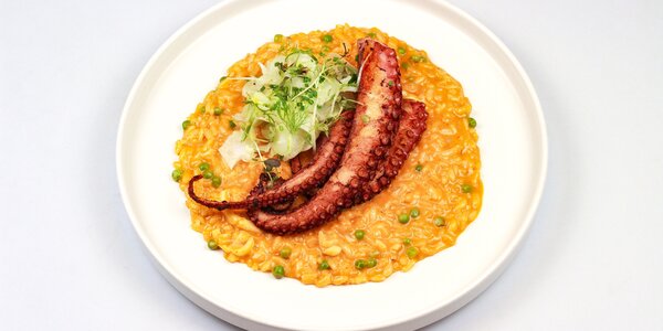 roasted red pepper risotto with n'duja and grilled octopus, 