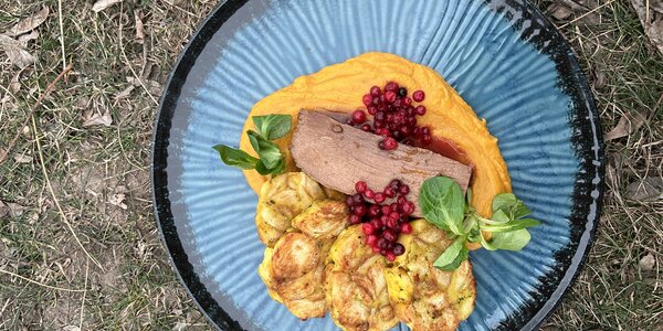 150g SVIEČKOVÁ NA SMOTANE S KARLOVARSKÝM KNEDLÍKOM A BRUSNICAMI 